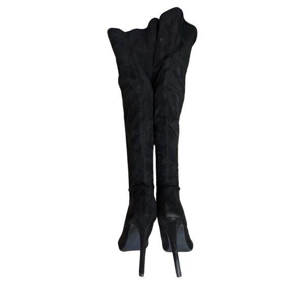 NWOT-1 SHOW! HOT TOMATO! BLACK VEGAN SUEDE  PEEP TOE OVER THE KNEE BOOTS!SZ 7.5M - Picture 8 of 11